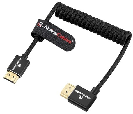 Alvin's Cables 8K 2.1 HDMI High Speed Braided Coiled Cable Straight to Right Angle for Atomos Ninja V, Portkeys BM5, for Feelworld Monitor, for Canon C300, Z CAM E2, Sony FS5| FS7| A7S3 Cameras