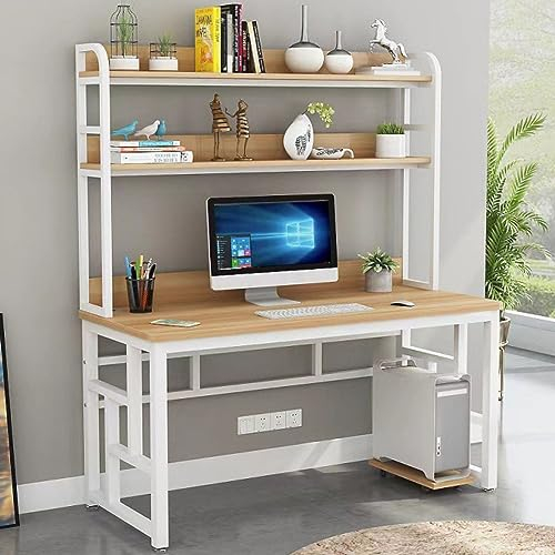 KAZUP Computertisch mit Schrank und Bücherregal, industrieller Schreibtisch, Arbeitszimmer, Schreibtisch, Arbeitsplatz mit Ablagefach für das Heimbüro (31 Zoll, Natur + weißer Rahmen)