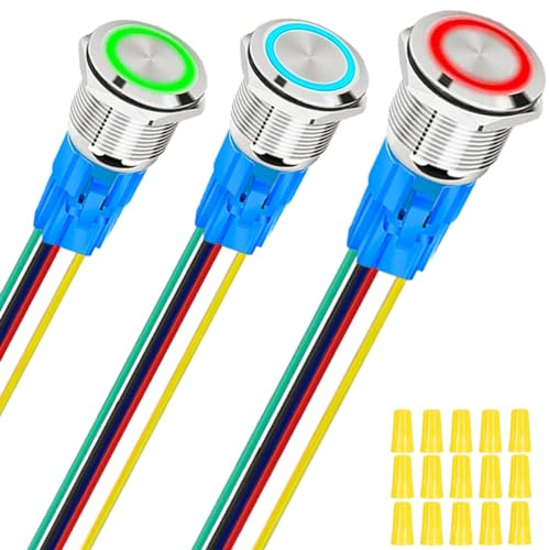 MKBKLLJY 3St. 16mm selbstverriegelnde silberne Druckknopfschalter wasserdicht mit 12V rot/blau/grün LED Engelsring Kopf für 0,63 Montageloch mit Drahtbuchse Stecker selbstverriegelnde für Boot