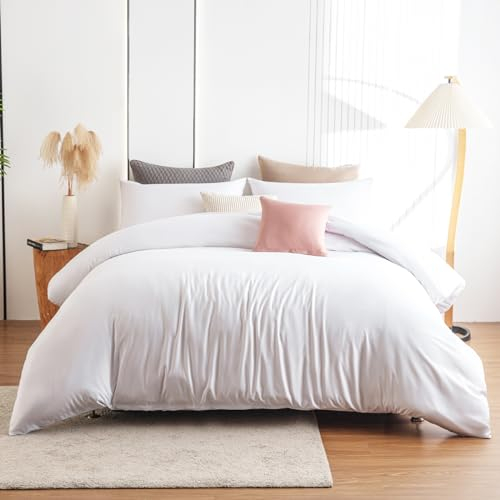 Soifox Double Duvet Cover Set White - Soft Microfiber Duvet Cover 200 x 200 cm with 2 Pillowcases 50 x 75 cm, Non Iron Luxury Bedding Set with Zipper Closure