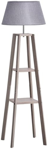 HOMCOM Lampada da Terra in Legno, Lampada da Salotto con Scaffale e Paralume in Tessuto, Lampada da Pavimento con Interruttore a Pedale 45x45x148cm, Grigio