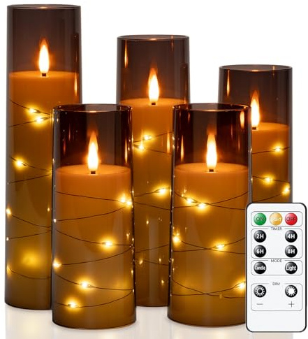 Raycare Flameless Candle with Remote Timer – 5 Flickering Acrylic Battery Operated LED Pillar Candles with Embedded Star String for Christmas, Home Decor, and as a Gift(Grey)