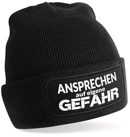 Herzbotschaft Beanie Strickmütze mit Spruch | Ansprechen auf eigene Gefahr | Farbwahl | Unisex SoftTouch angenehm weiche und warme Wintermütze | OneSize Einheitsgröße für Erwachsene