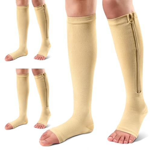 Ailaka 3 par kompressionsstrumpor med dragkedja, 15–20 mm Hg knästrumpor för kvinnor och män, öppen tådesign, andas och stödjande (beige, LXL)