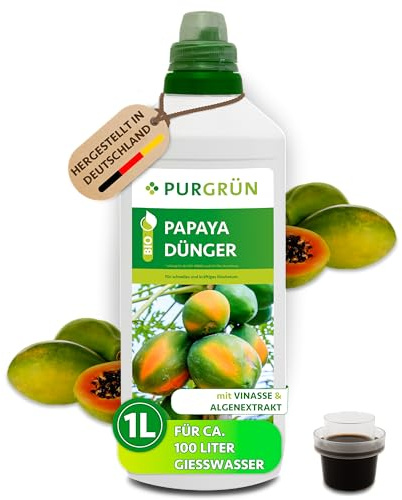 Purgrün® Bio-Papaya-Dünger 1 Liter – Organische Rezeptur – Premium-Flüssigdünger – NPK 4+1+7 – Mit Algenextrakt & Vinasse – Extra Kalium für gesundes Wachstum – Ohne tierische Inhaltsstoffe