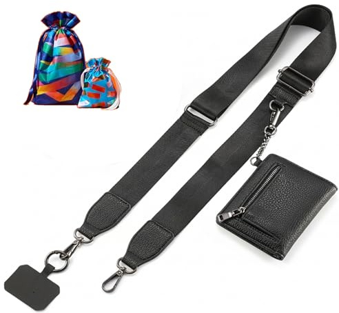 Diaclara Clip and Go Phone Strap with Zipper Pouch- Stylish Crossbody Adjustable Chain Lanyard with Leather Wallet for All Phones, Black
