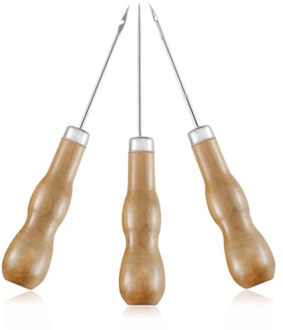 Punteruolo Con Manico In Legno,3 Pezzi Punteruolo per Legno,Perforatore,Cucito a Mano Punteruolo Artigianale,Punteruolo Per Cucire Cucito Punteruolo Set Per La Riparazione Di Cucito Fai-Da-Te In Pelle