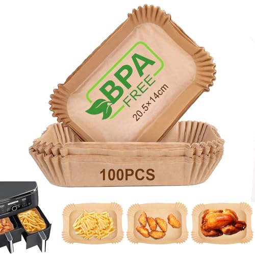 AiQInu Bakplåtspapper för varmluftsfritös med dubbelkammare, 100 stycken 20,5 x 14 cm BPA-fritt rektangulärt airfryer bakpapper non-stick engångs vattentät oljebeständigt bakplåtspapper liner