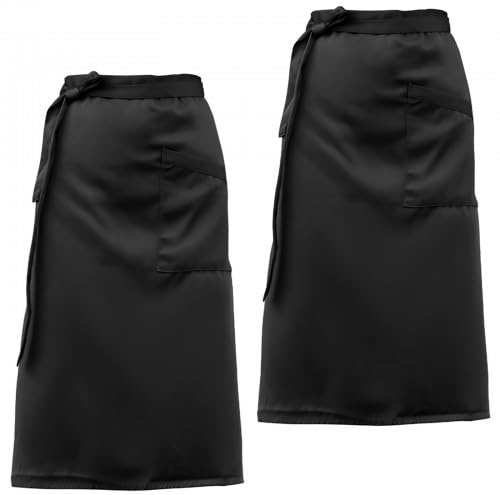 Granvoo 2 Stück Schürze Schwarz, Kochschürze Männer, Verstellbare Schürze mit Taschen, Kellner Lang für Cafe, Küche, Restaurant, Bar 68x70 cm