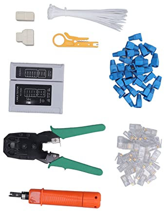 Risegun Netzwerk Reparatur Tool Kit Netzwerk Reparatur Tool Kit, RJ Stecker Kabelzange und Abisolierzange Set für Cat5, Cat5e, Cat6, Ethernet Kabel Crimper Kit, inkl. Netzwerktester, 6-teiliges Set