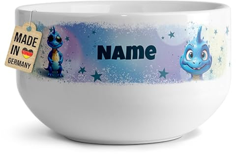 Print Royal PR Kinder-Müslischale mit Name personalisiert - Blauer Dino - Geschenk für Mädchen und Jungen, Kindertag, Weihnachten, Geburtstag | Keramik Schüssel selbst gestalten, 500 ml