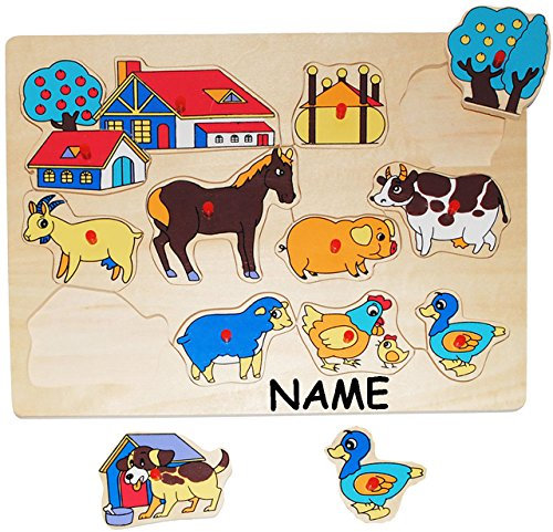 alles-meine.de GmbH Steckpuzzle mit Griffen - Tiere & Bauernhof - incl. Name - aus Holz - 12 Teile - großes Holzpuzzle/Einlegepuzzle - Griff Legespiel - Rahmenpuzzle/Kind..