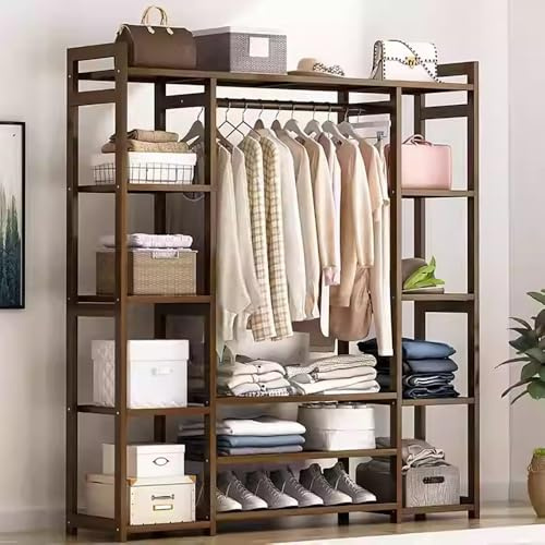 Stand Appendiabiti in Bambù, Multifunzionale Appendiabiti da Terra, Armadio Aperto con 13 Ripiano e 2 Barra, per Ingresso e Camera da Letto ,Facile da Assemblare, 170x30x150cm (A, 130x30x150cm)