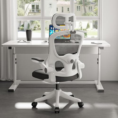 TUKAILAi Ergonomischer Bürostuhl, Chefsessel mit Lendenwirbelstütze und Kopfstütze, verstellbar, 90° hochklappbare Armlehne, hohe Rückenlehne, Netz-Drehstuhl für Heimbüroarbeit (Weiß)