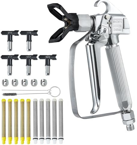 VEVOR Pistola Pulverizadora de Pintura Sin Aire de Alta Presión de 3600 PSI con 5 Puntas, Juego de Pistola Pulverizadora Sin Aire con Junta Giratoria con Filtros, Aguja de Limpieza y Cepillo
