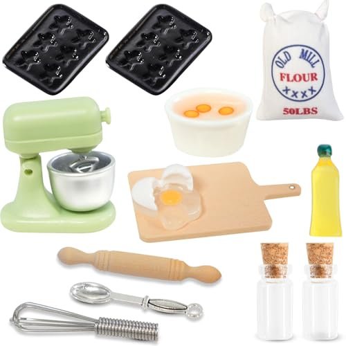 Wichteltür Zubehör, 13 Stück Wichtel Backset, 1/12 Wichtel Zubehör Backen, Miniatur Puppenhaus Eier Nudelholz Olivenöl Mehlsack Schneebesen Küche Backen Set, Weihnachtswichtel Zubehör