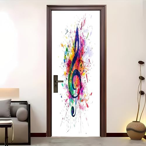 3d Türtapete Selbstklebend 85x205 cm DIY Wandbild Bunte Musiknoten-Graffiti Wasserdicht Türposter PVC Türaufkleber Weiß Fototapete Türfolie für Wohnzimmer Schlafzimmer Küche Tür Verschönern