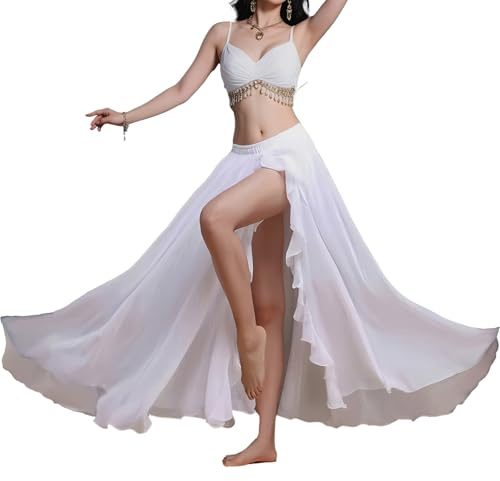 Women's Belly Dance Chiffon Dance Performance Long Skirt Side Split Sexy Skirts (White)