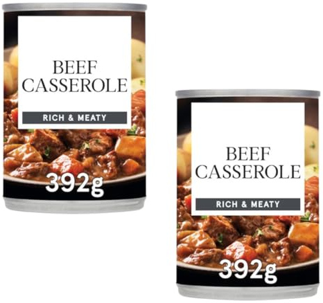 Beef Casserole, Rich & Meaty, 392g, Pack Of 2, Rich beef casserole featuring tender chunks of meat and vegetables in a thick, flavourful gravy, perfectly portioned at 392g per tin