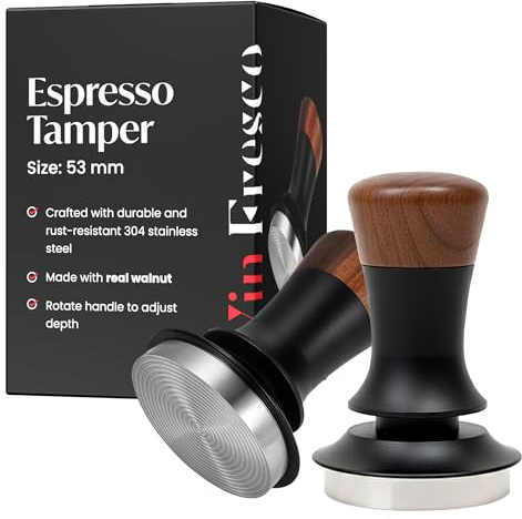 Espresso Tamper for 54mm Portafilter – Adjustable Depth Spring Loaded Tamper for Consistent Tamping – Barista Coffee Press Tool with Stainless Steel Base – Black & Walnut