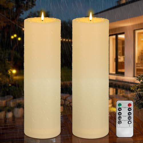 Kimjo 10CM x 30CM Candele LED Grandi Senza Fiamma per Esterni Impermeabili 2 Pezzi - Candele LED Finte a Fiamma Bianco Avorio con Funzione Timer Telecomando - Tremolante 500+ Ore di Batteria