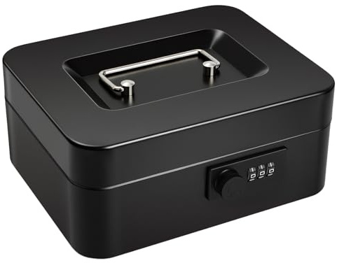 Cash Box with Combination Lock, Money Tin Box with Coin Tray, Lockable Cash Tin for Money Saving 20 * 16 * 9cm Black (Black)