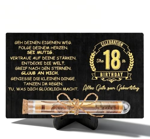 18 Holz Geburtstag Geschenk Wunscherfüller Holzkarte Geldgeschenke mit Reagenzglas Schwarz-Gold Holzkarte Geburtsta Reagenzglas und Ständer für Frauen Männer Kinder Familie Kollegen Freunde Gutschein