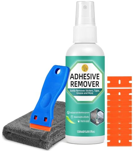 Spray Rimuovi Colla 300ml, potente rimuovi colla e sciogli silicone con raschietto e panno, adesivo rimuovi silicone elimina etichette, nastro, adesivi da vetro, plastica, auto, tappeti 120ml
