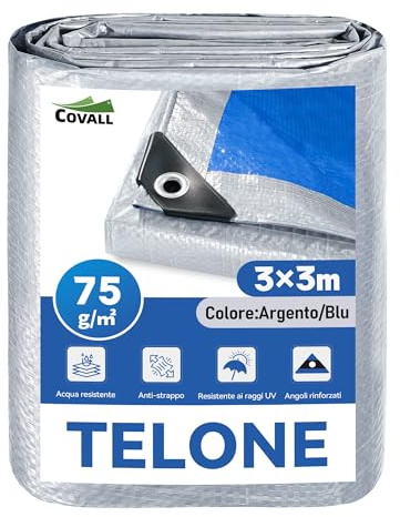 COVALL Bâche 3X3m 75g/m² Bâche de Protection extérieure imperméable | Bâche Double Face Bleu Argenté,résistante au gel et aux UV, pour jardin, tonnelle, camping, meubles, abri de jardin