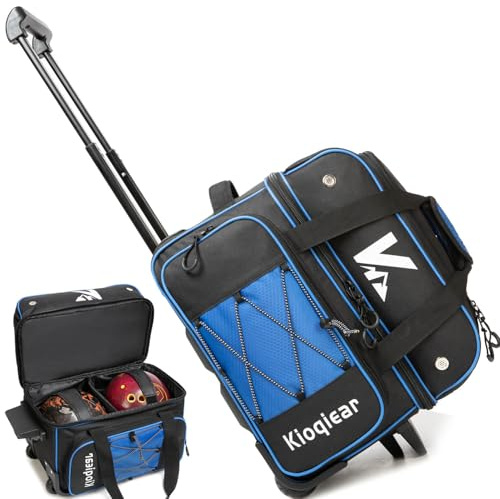 Kioqiear Bowlingtasche mit 2 Kugeln, Doppelrolle und 2 Ball-Bowlingtasche mit Fächern für Ausrüstung und Schuhe, Griff ausziehbar auf 95,2 cm.