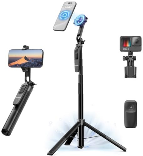 TECHRISE 71'' Magnetic Selfie Stick Tripod, 360° Rotation Phone Stand, dual Magnetic & Clamping Magsafe Tripod with Metal Ring/Remote/Cold Shoe Mount, Suitable for Selfies/Vlogging/Video Recording