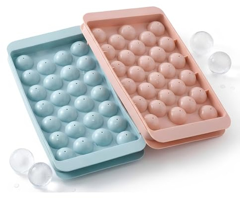 Cubiteras para Hielo Redondos Pack de 2, Moldes para Bolas de Hielo Pequeñas con Tapa para Enfriar Whisky y Cócteles, Bandejas de Hielo de PP Reutilizables, 16.5x10x2cm, Azul y Rosa