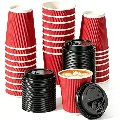 Cherypick Coffee Cups with Lids 8oz/240ml, 30 Pack Disposable Coffee Cups, Ripple Wall Heat-Resistant Paper Cups, Leakproof Hot Drinks Cups for Hot and Cold Drinks, Coffee, Tea, Office, Parties