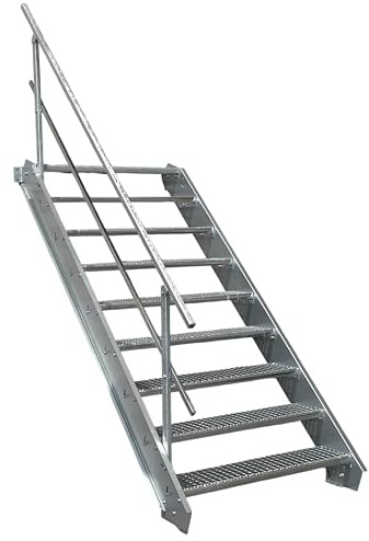 9 Stufen Stahltreppe mit einseitigem Geländer/Breite 90cm Geschosshöhe 135-180cm / Robuste Außentreppe/Wangentreppe/Stabile Industrietreppe für den Außenbereich/Inklusive Zubehör