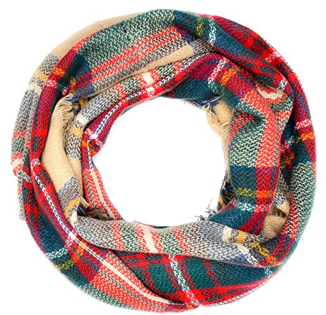 Autiga Damen Loop Winterschal Strickschal Karo Schal Schlauchschal blau-grün unisize