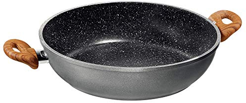 STONELINE Back to Nature Poêle à Servir 24 cm, Made in Germany, Revêtement Antiadhésif avec de vraies particules de pierre, Cuire sans huile ni graisse, Poignés motif Bois