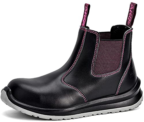 SAFEYEAR Lightweight Women Safety Work Boots, Black Site Lady Laceless Dealer Safety Shoes Trainers, 4E Wide Fit Composite Toe Cap, Heavy Duty S3 Waterproof Leather, Comfortable Gel Insole,Size 6