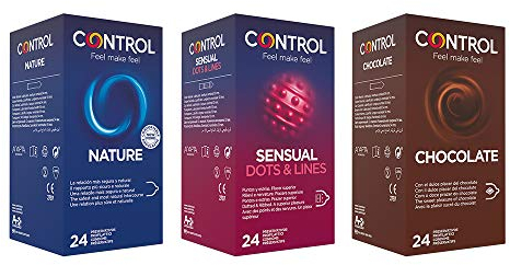 CONTROL Preservativos Nature, Dot&Lines, Chocolate 72 ud - Pack 3 Cajas De Condones: 1x Placer Natural, 1x Estriado y 1x Chocolate 24 ud, Lubricados, Ajuste Perfecto, Sexo Seguro (Caja Ahorro)