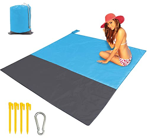 Beach Blanket XL Fast Drying Durable Lightweight Compact Outdoor Mat 83x 79 - Sandproof Waterproof Picnic Mat for Travel, Camping, Hiking (Blue)