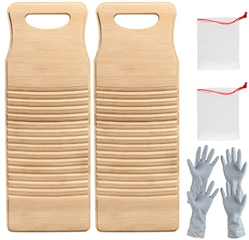 PINGEUI 2 Pack Bamboo Washboard, 15.7x5.9x0.7 Inch Anti-slip Wood Washing Clothes Washboard with 2 Pair Rubber Gloves and 2 Soap Net, Hanging Washboard for Small Washing Jobs
