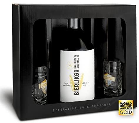 Brauerei Zwönitz Likör Geschenkset - Bierlikör 0,5 L & zwei Shotgläser 4cl | Originelles Biergeschenk mit Bierlikör 0,5l und zwei Shotgläser 4cl in Form eines Mini Bierkrug