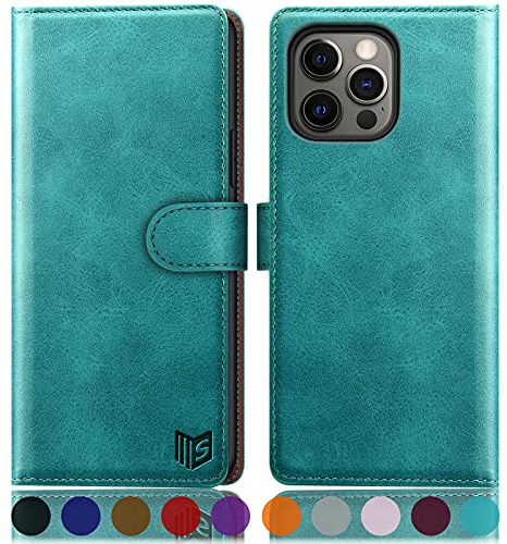 SUANPOT [RFID Schutz für iPhone 13 Pro 6,1-Zoll Hülle PU Leder Handyhülle Lederhülle Klapphülle Kartenfach Flip Cover für Apple 13 Pro Handy hülle Leather Wallet Phone Case Blau Grün