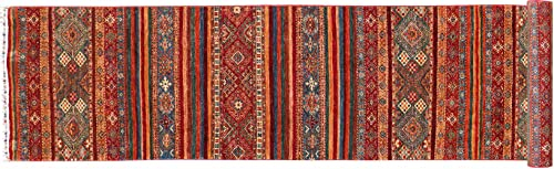 RUG PRINCE Afghan Ziegler Khorjin Teppich 90x600 Handgeknüpft Läufer Rot Gestreift Orient