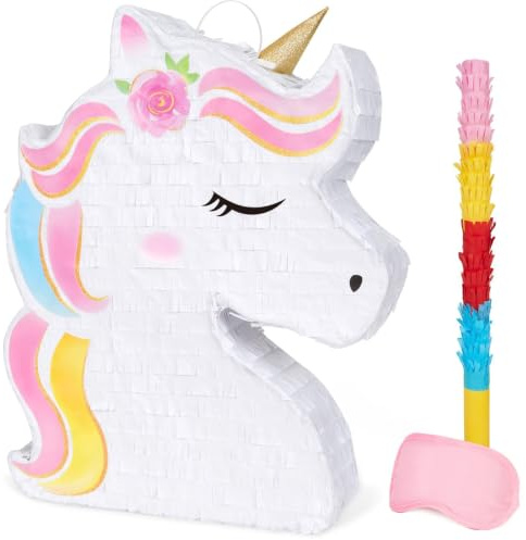 WERNNSAI Einhorn Pinata - Geburtstag Piñata Mädchen Kindergeburtstag Deko Einhorn Piñata mit Augenbinde Schlagstock Rosa Regenbogen Geburtstagsparty Dekorationen Partspiel Zubehör (40 x 31 x 8 cm) | Einhorn Piñata mit Augenbinde Schlagstock, Rosa Party Deko, Hängende Tiermotiv Piñata, Magische Partyzubehör