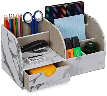 Relaxdays Schreibtisch Organizer, Schublade & 6 Fächer, Marmoroptik, HBT: 14,5 x 28 x 14,5 cm, Büroorganizer, weiß/grau