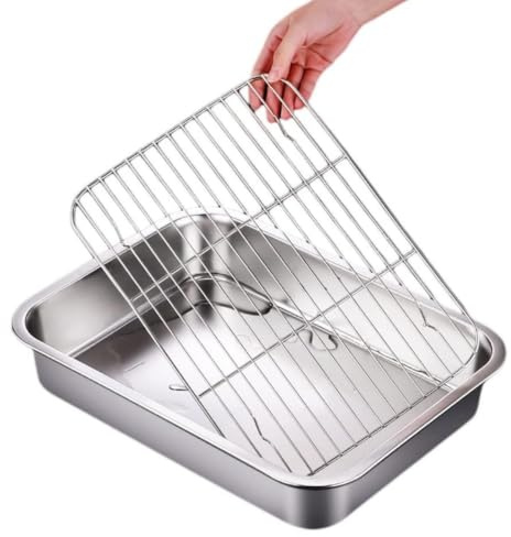 Baking Sheet with Rack Set (1 Pans + 1 Racks),10.4 x 8.15 x 2 Inch | Stainless Steel Pan For Oven,Raised Rim Pan with Cooling Rack for Baking, Roasting, and Cooling – Dishwasher Safe