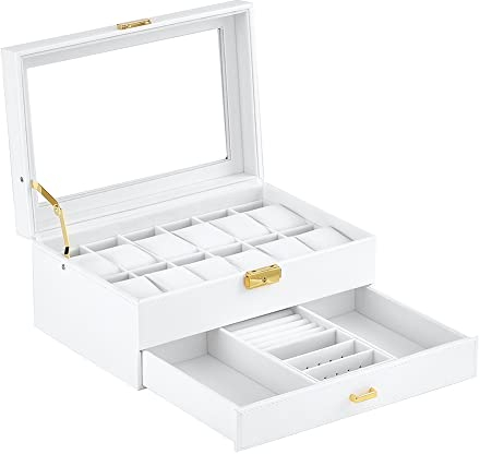 Scatola per orologi in pelle con 12 scomparti, con cassetto, di lusso, organizer per presentazioni, orologi, portagioie con display in vetro, parte superiore per orologi, anelli (bianco W79W)