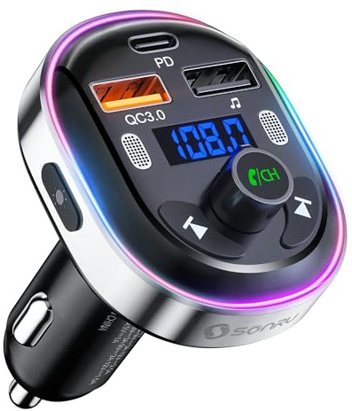 Bluetooth 5.3 FM Transmitter, SONRU Bluetooth Auto Radio Adapter, Metall PD 30W & QC3.0 Schnelles Autoladegerät mit Freisprecheinrichtung, Stärkere Dual-Mikrofone, Unterstützt USB-Stick, Ringlicht