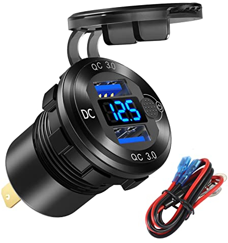 12V/24V USB Steckdose Quick Charge 3.0 Dual USB Auto-Ladebuchse mit blauem Voltmeter, Wasserdichtes Aluminium Zigarettenanzünder Ladegerät DIY Kit für Auto, Marine, Motorrad, Wohnmobil, Boot, etc.