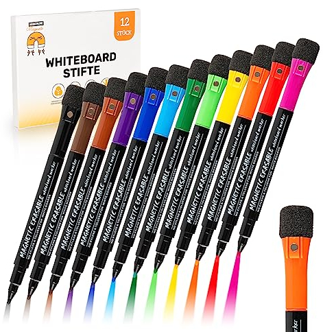 JAWA Whiteboard Marker - 12 Stück Whiteboard Stifte abwischbar - Magnetische Tafelstifte mit Schwamm - Premium White Board Marker Pens - Praktische Whiteboardmarker in verschiedenen Farben